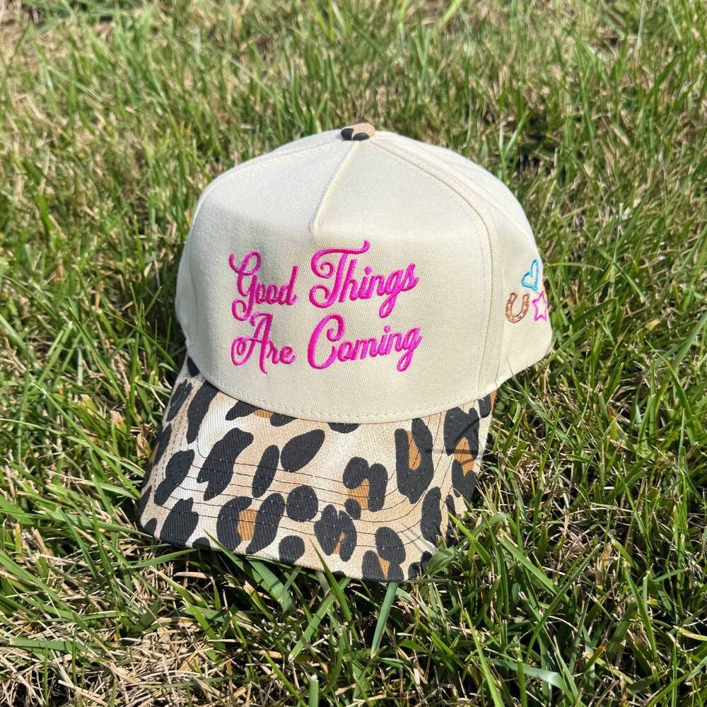 NEW POPPY & PINE women's good things are coming leopard hat in pink embroidered
